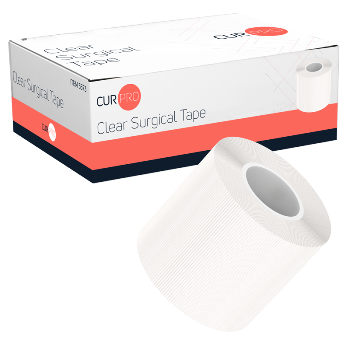 Clear Surgical Tape, 2 in x 10 yd, 12 Boxes of 6, box and roll
