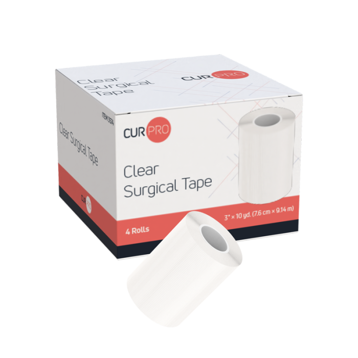 Clear Surgical Tape, 3 in x 10 yd, 12 Boxes of 4, box and roll