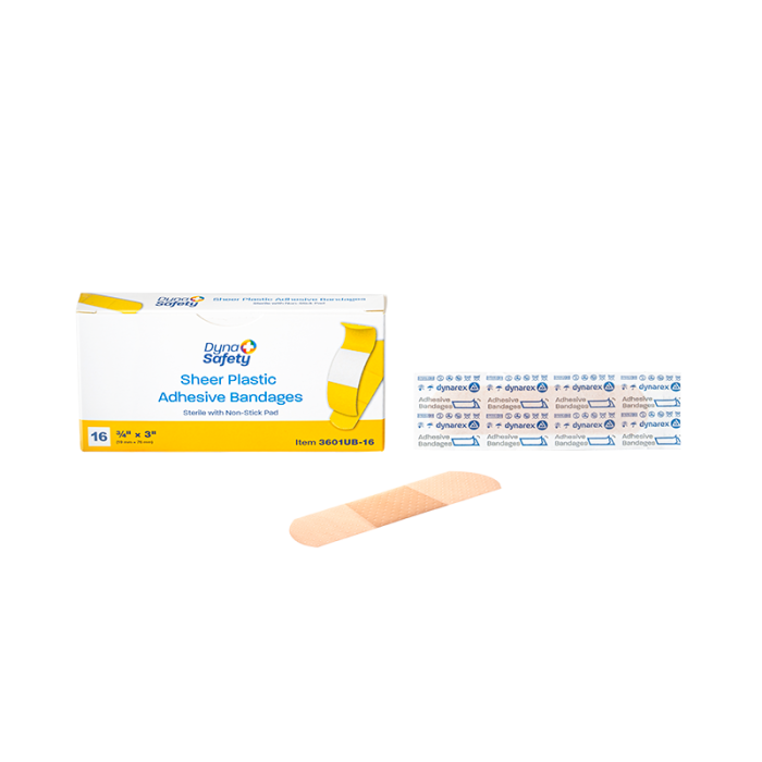 Plastic Adhesive Bandages, Sterile, 3/4 x 3 in, 100 Boxes of 16, box, wrapper and bandage