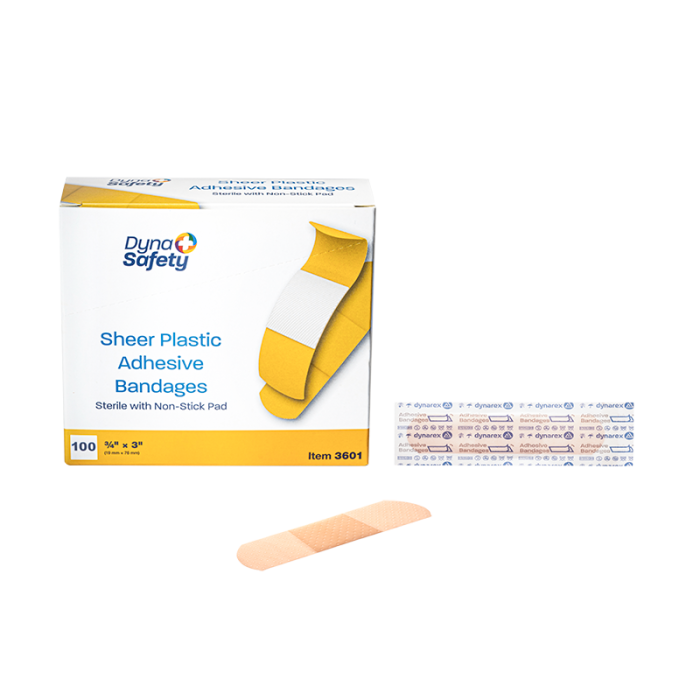 Plastic Adhesive Bandages, Sterile, 3/4 x 3 in, 24 Boxes of 100, box, wrapper and bandage