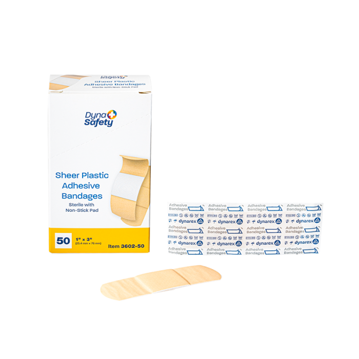 Plastic Adhesive Bandages, Sterile, 1 x 3 in, 50 Boxes of 50, box, wrapper and bandage