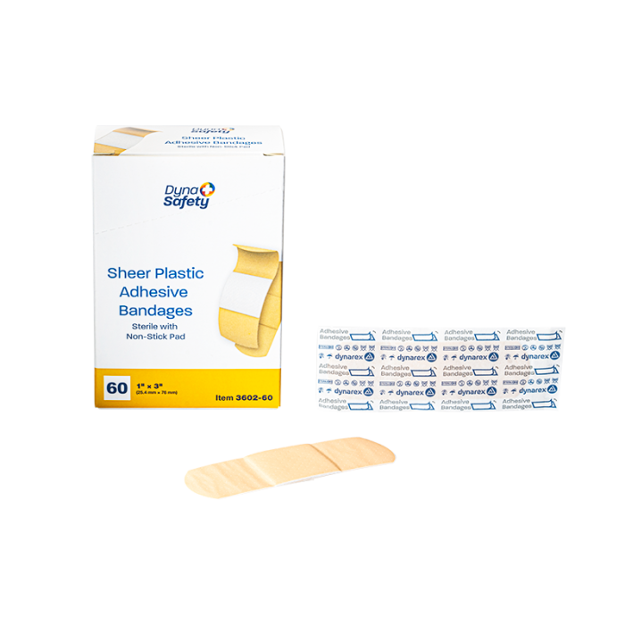 Plastic Adhesive Bandages, Sterile, 1 x 3 in, 12 Boxes of 60, box, wrapper and bandage