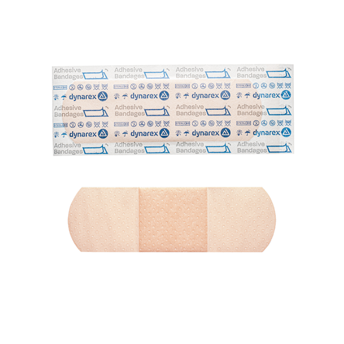 Plastic Adhesive Bandages, Sterile, 1 x 3 in, Bulk Roll of 5,000, wrapper and bandage