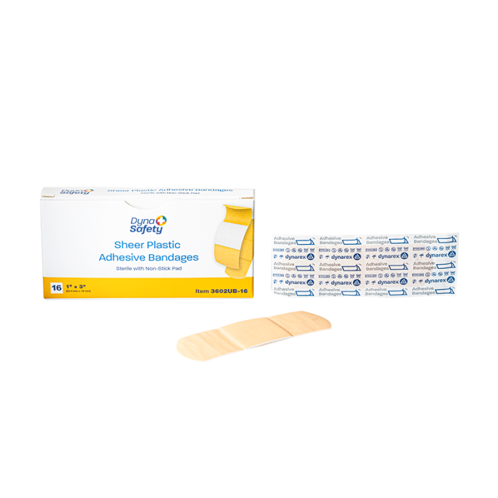 Plastic Adhesive Bandages, Sterile, 1 x 3 in, 100 Boxes of 16, box, wrapper and bandage
