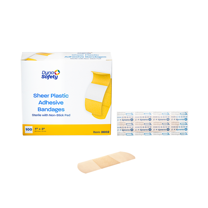 Plastic Adhesive Bandages, Sterile, 1 x 3 in, 24 Boxes of 100, box, wrapper and bandage