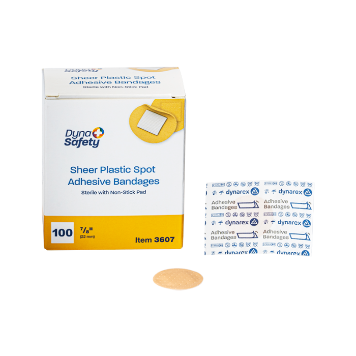 Plastic Spot Bandages, Sterile, 7/8 in round, 48 Boxes of 100, box, wrapper and bandage