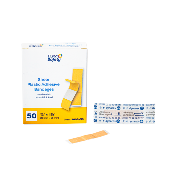 Plastic Adhesive Bandages, Sterile, 3/8 x 1 1/2 in Junior, 72 Boxes of 50, box, wrapper and bandage