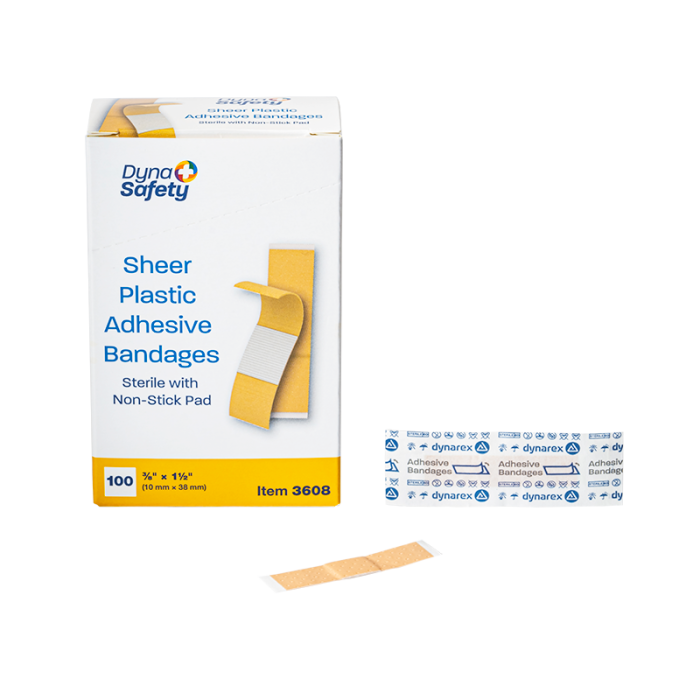 Plastic Adhesive Bandages, Sterile, 3/8 x 1 1/2 in Junior, 36 Boxes of 100, box, wrapper and bandage