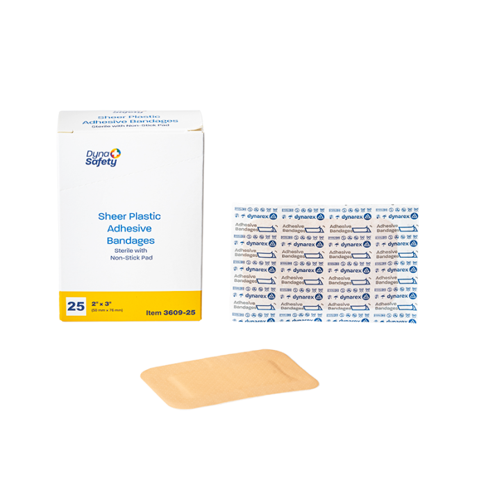 Plastic Adhesive Bandages, Sterile, 2 x 3 in, 48 Boxes of 25, box, wrapper and bandage