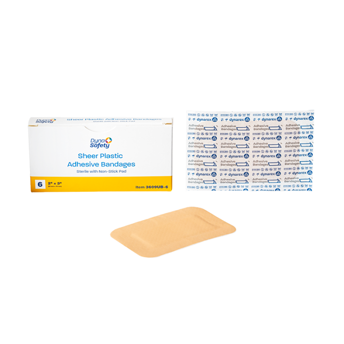 Plastic Adhesive Bandages, Sterile, 2 x 3 in, 100 Boxes of 6, box, wrapper and bandage