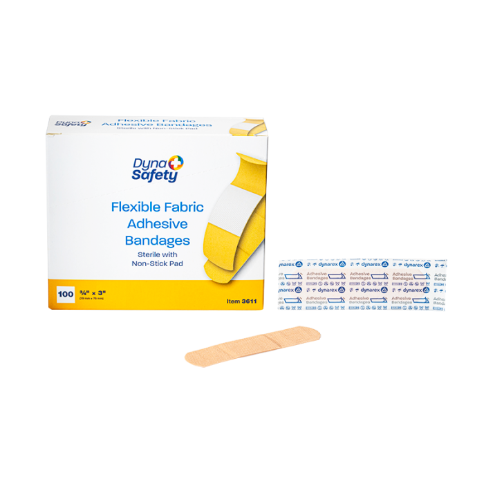 Fabric Adhesive Bandages, Sterile, 3/4 x 3 in, 24 Boxes of 100, box, wrapper and bandage