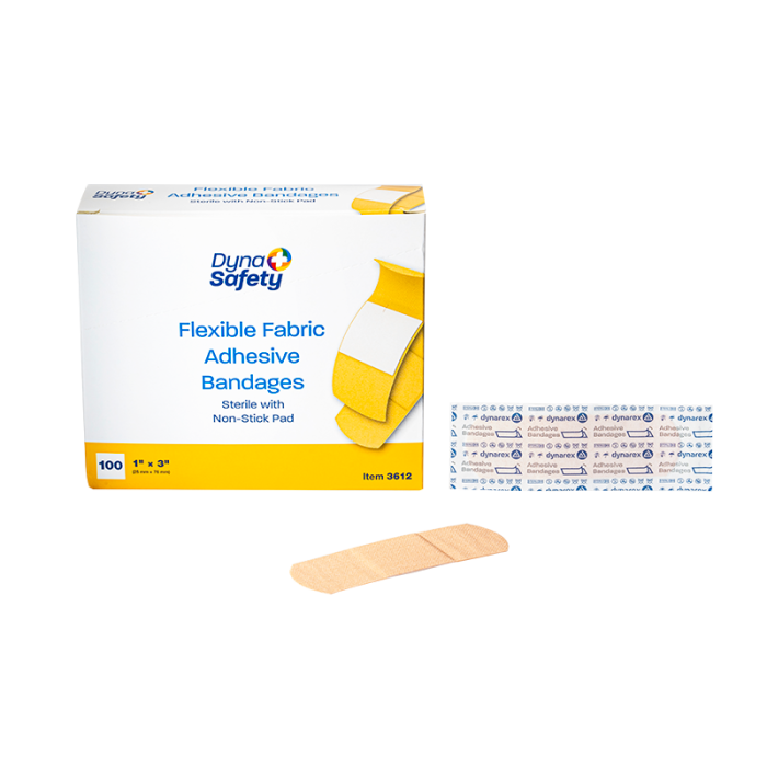 Fabric Adhesive Bandages, Sterile, 1 x 3 in, 24 Boxes of 100, box, wrapper and bandage