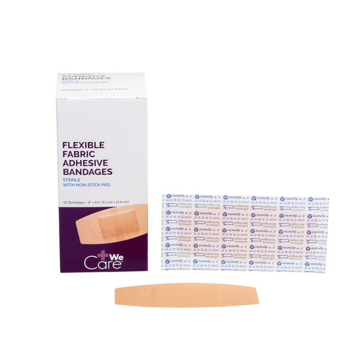 Fabric Adhesive Bandages, Sterile, 2 x 4 1/2 in XL, 24 Boxes of 50, box, wrapper and bandage