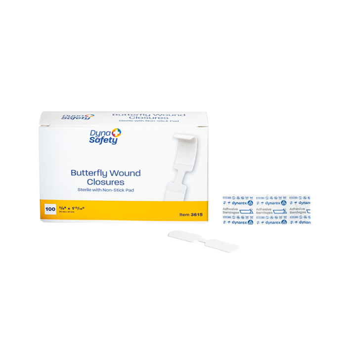 Butterfly Wound Closures, Sterile, 3/8 x 1 13/16 in, 24 Boxes of 100, box, wrapper and closure