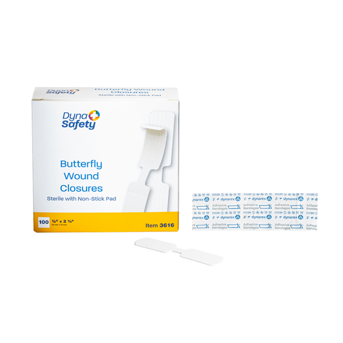 Butterfly Wound Closures, Sterile, 1/2 x 2 3/4 in, 24 Boxes of 100, box, wrapper and closure