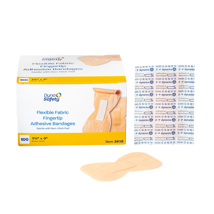 Fingertip Fabric Bandages, Sterile, 1 3/4 x 3 in, 24 Boxes of 100, box, wrapper and bandage