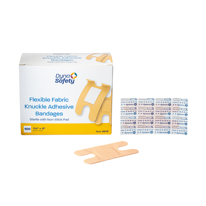 Knuckle Fabric Bandages, Sterile, 1 1/2 x 3 in, 24 Boxes of 100, box, wrapper and bandage