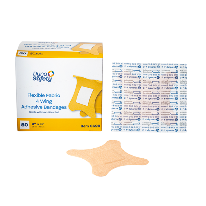 Four-Wing Fabric Bandages, Sterile, 3 x 3 in, 24 Boxes of 50, box, wrapper and bandage