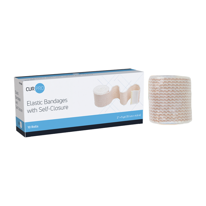 Elastic Bandage, Self-Closure, 2 in x 5 yd, 5 Boxes of 10, box and bandage
