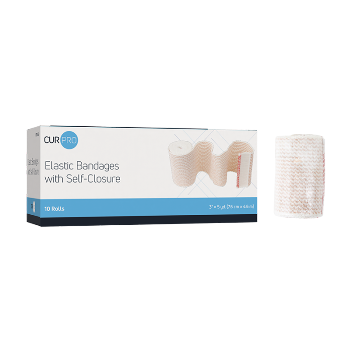 Elastic Bandage, Self-Closure, 3 in x 5 yd, 5 Boxes of 10, box and bandage