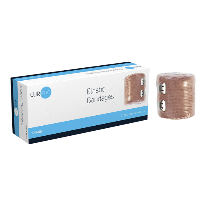 Elastic Bandage, with Clips, 2 in x 5 yd, 5 Boxes of 10, box and bandage