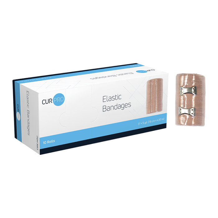 Elastic Bandage, with Clips, 3 in x 5 yd, 5 Boxes of 10, box and bandage