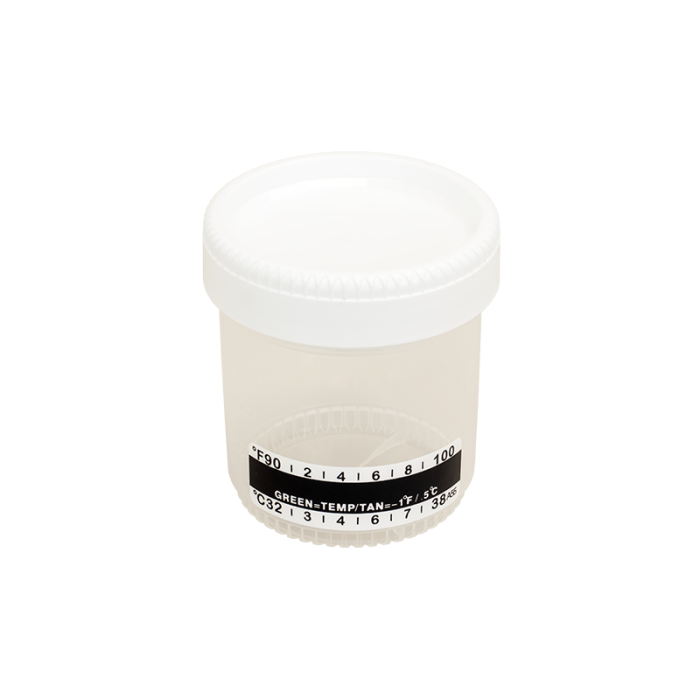 90mL Urine Container with Temperature Strip, angle