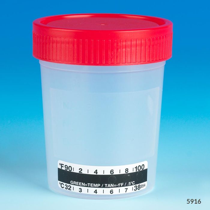 Globe Scientific 4oz Specimen Container&#44; Red Cap&#44; Non-Sterile&#44; w/ Thermometer Strip