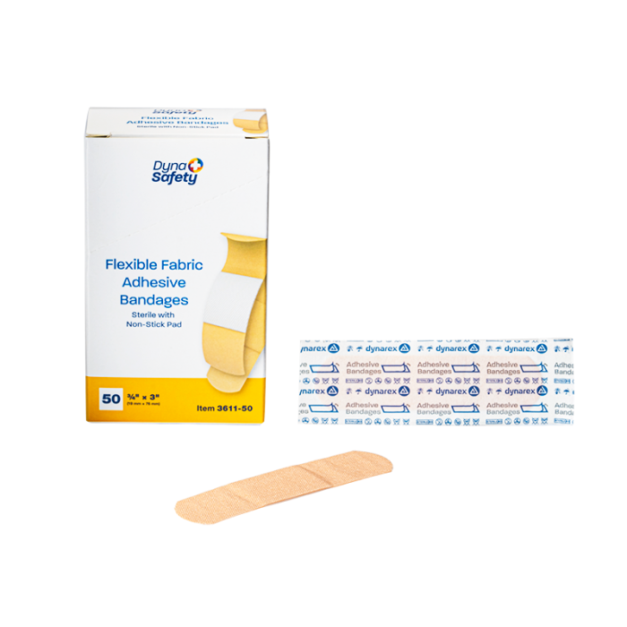 Fabric Adhesive Bandages, Sterile, 3/4 x 3 in, 50 Boxes of 50, box, wrapper and bandage