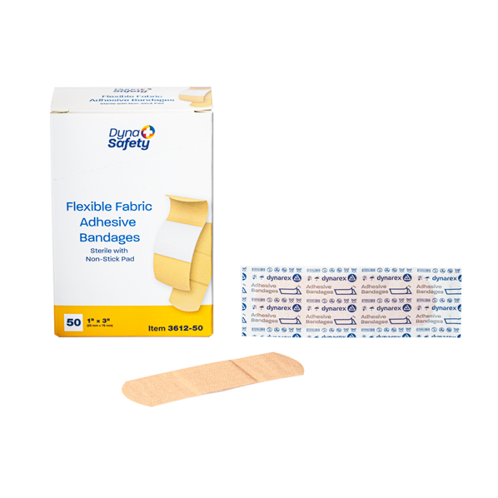 Fabric Adhesive Bandages, Sterile, 1 x 3 in, 50 Boxes of 50, box, wrapper and bandage