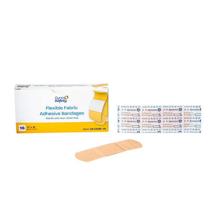 Fabric Adhesive Bandages, Sterile, 1 x 3 in, 100 Boxes of 16, box, wrapper and bandage