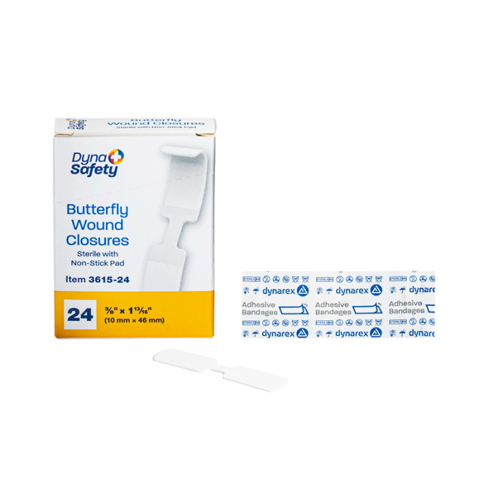 Butterfly Wound Closures, Sterile, 3/8 x 1 13/16 in, 50 Boxes of 24, box, wrapper and closure