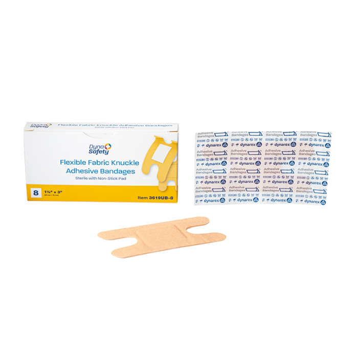 Knuckle Fabric Bandages, Sterile, 1 1/2 x 3 in, 100 Boxes of 8, box, wrapper and bandage