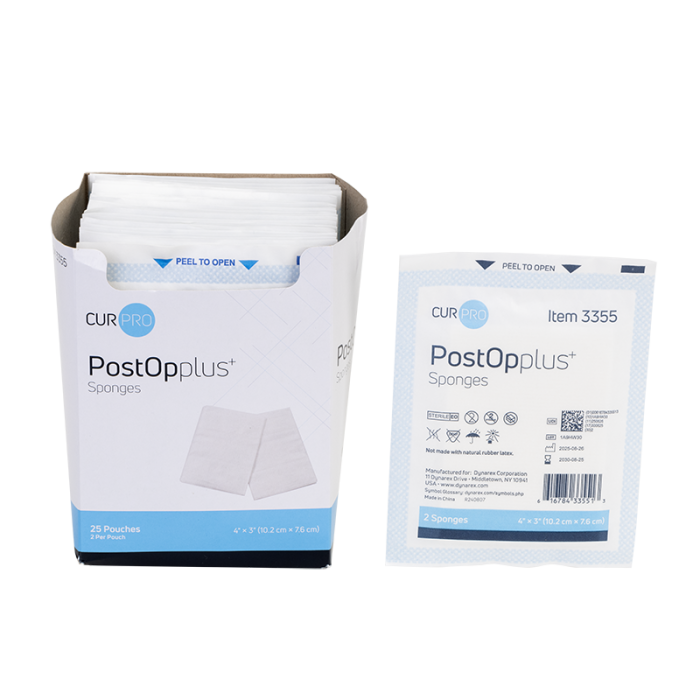 Post-Op Plus Sponges, 4 x 3 in, 8 Ply, Pouches of 2, 24 Trays of 25, sponge, box and pouch