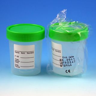 Globe Scientific 4oz Specimen Container, Green Cap, Tri-Lingual Label