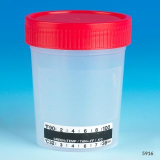 Globe Scientific 4oz Specimen Container, Red Cap, Non-Sterile, w/ Thermometer Strip