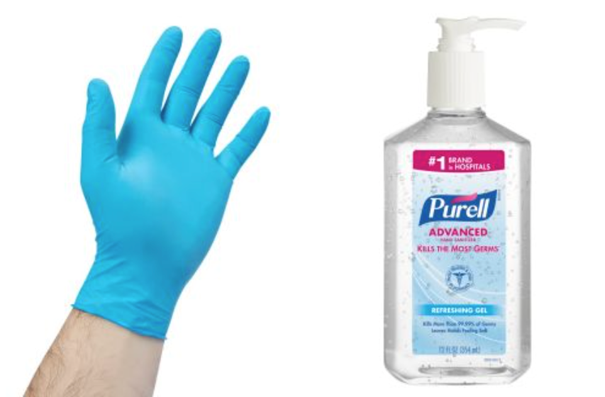 Gloves, sanitizer and wipes