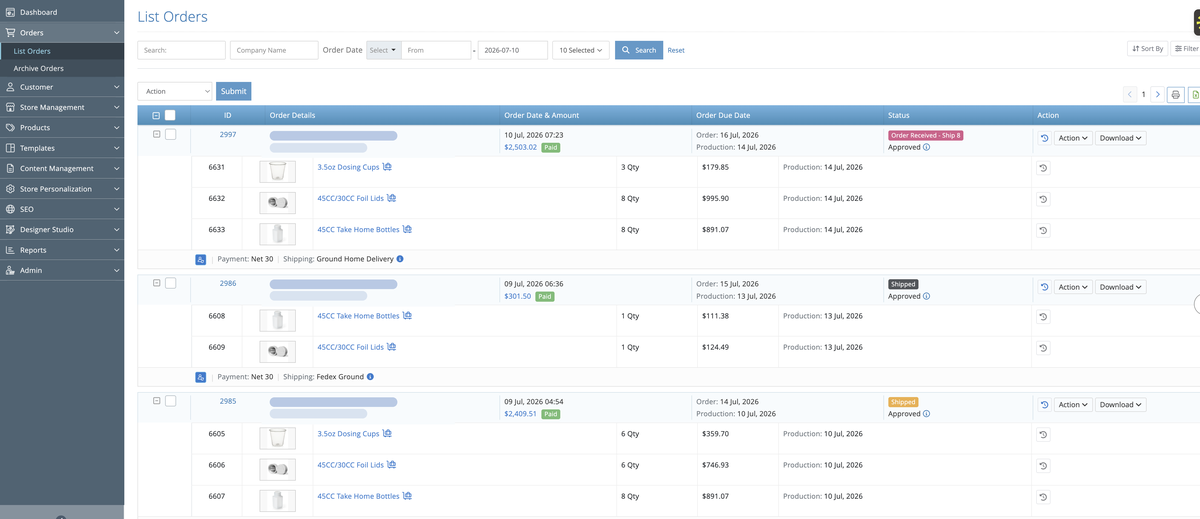 Admin dashboard listing every location's orders with amounts, dates, and statuses
